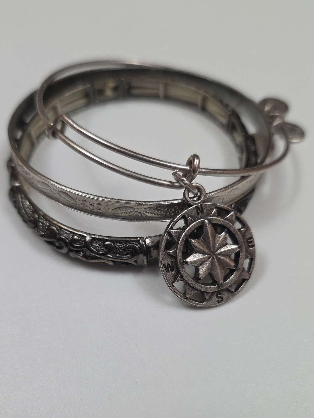 Vintage Bangle Bracelets - Compass Alex And Ani - Set Of 3 Silver